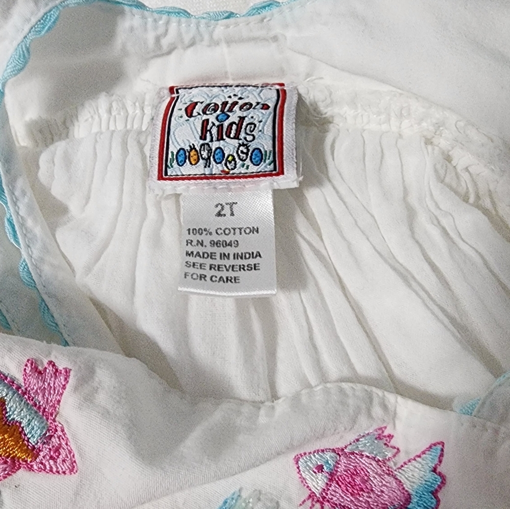White Embroidered Ocean-Theme Girls Dress - Pink & Multicolor - Picture 3 of 4